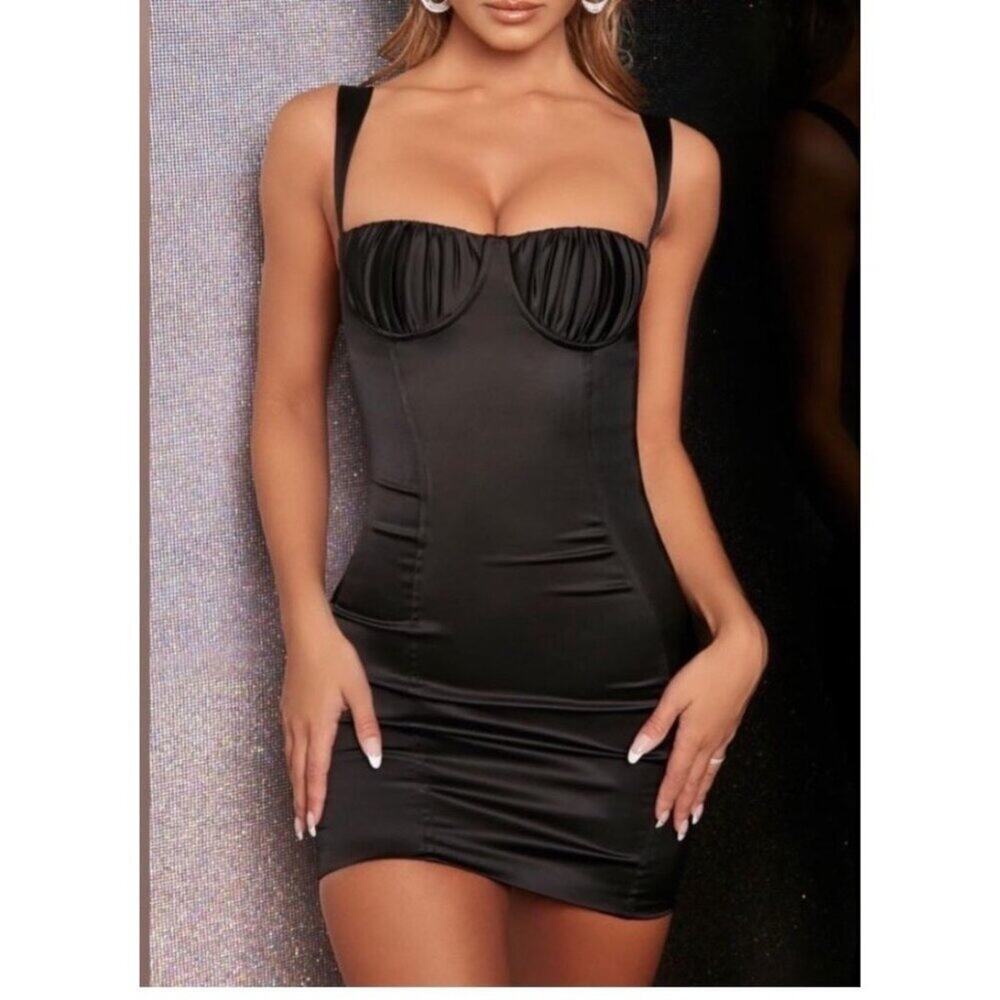 Oh Polly Black Satin Midnight Romance Mini Dress Size 4